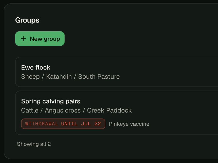 Farm40's livestock event history — a treatment carries a rust WITHDRAWAL UNTIL JUL 22 chip that blocks the sale until it clears